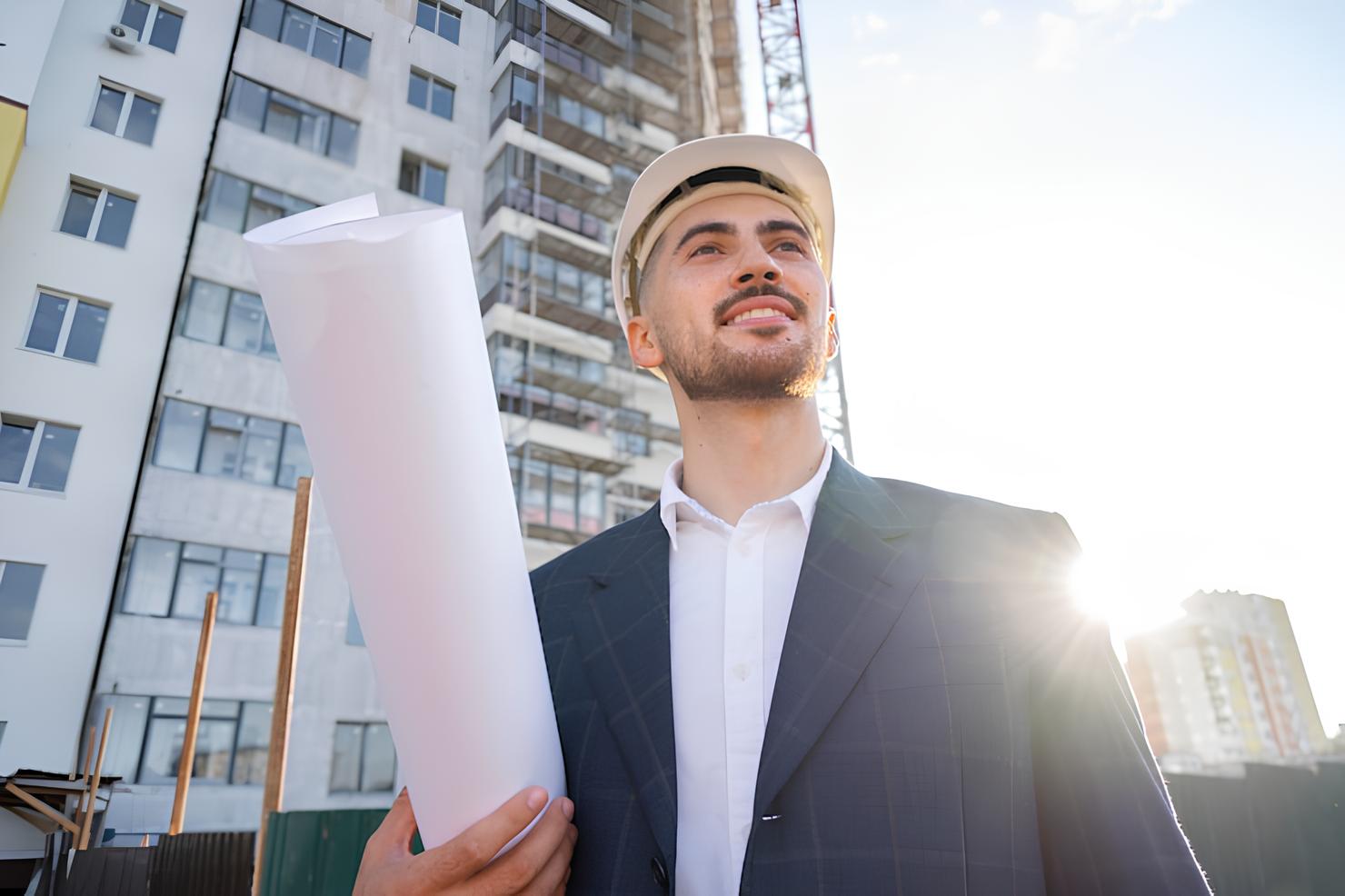 Equipe de engenharia analisando projetos técnicos no escritório
